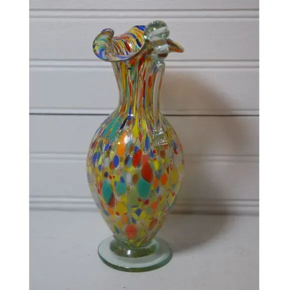 Vintage Carnival Pitcher Hurricane glass small vase handle Speckled Confetti - Picture 4 of 7